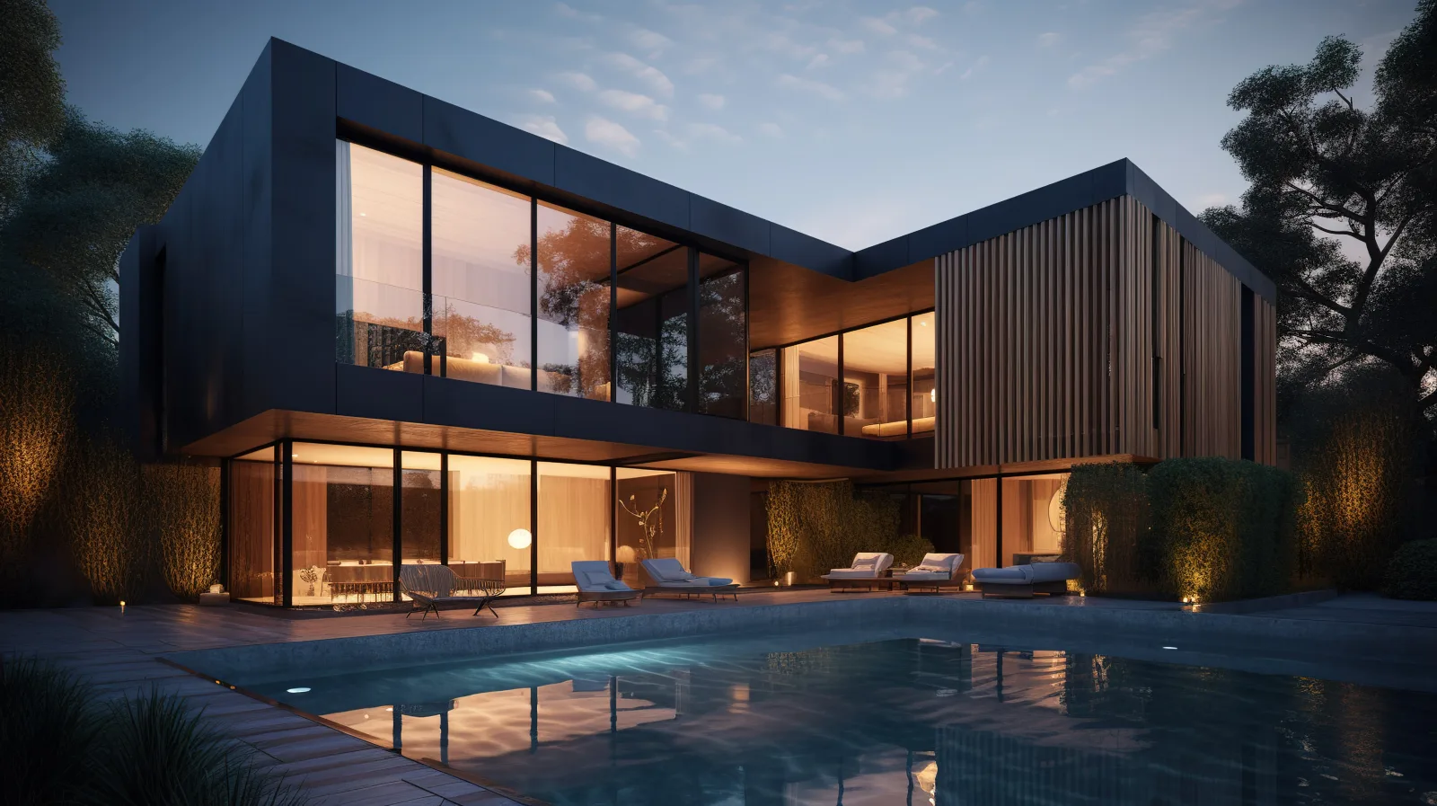 Contemporary home with warm interior lights
