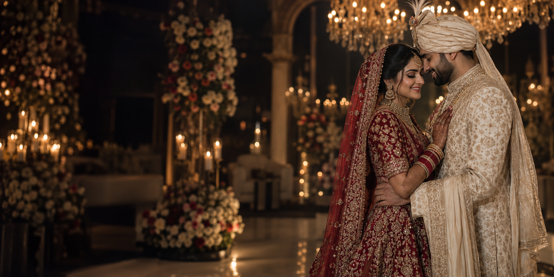 Indian wedding couple under warm chandeliers