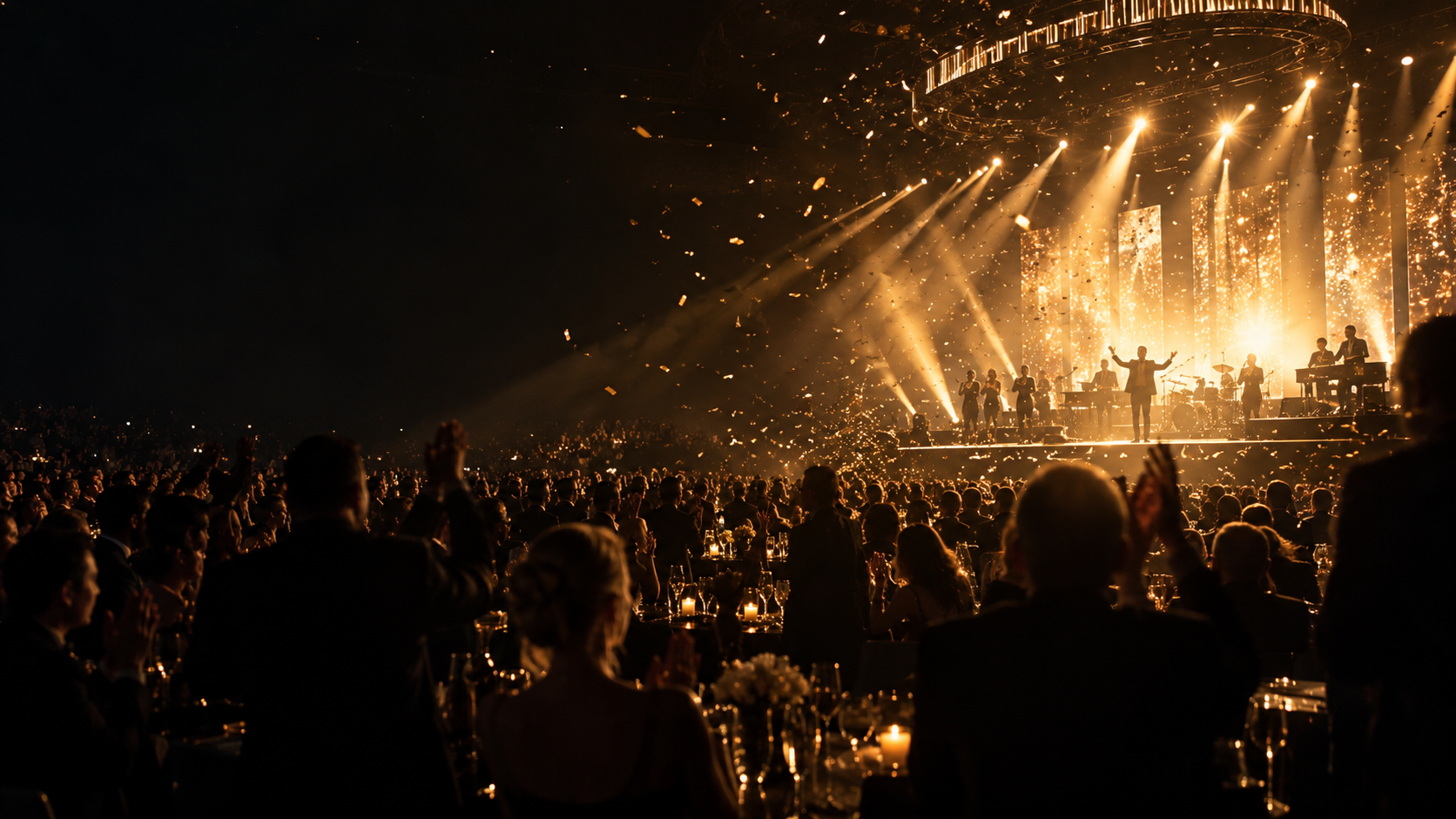 Warmly lit concert and audience
