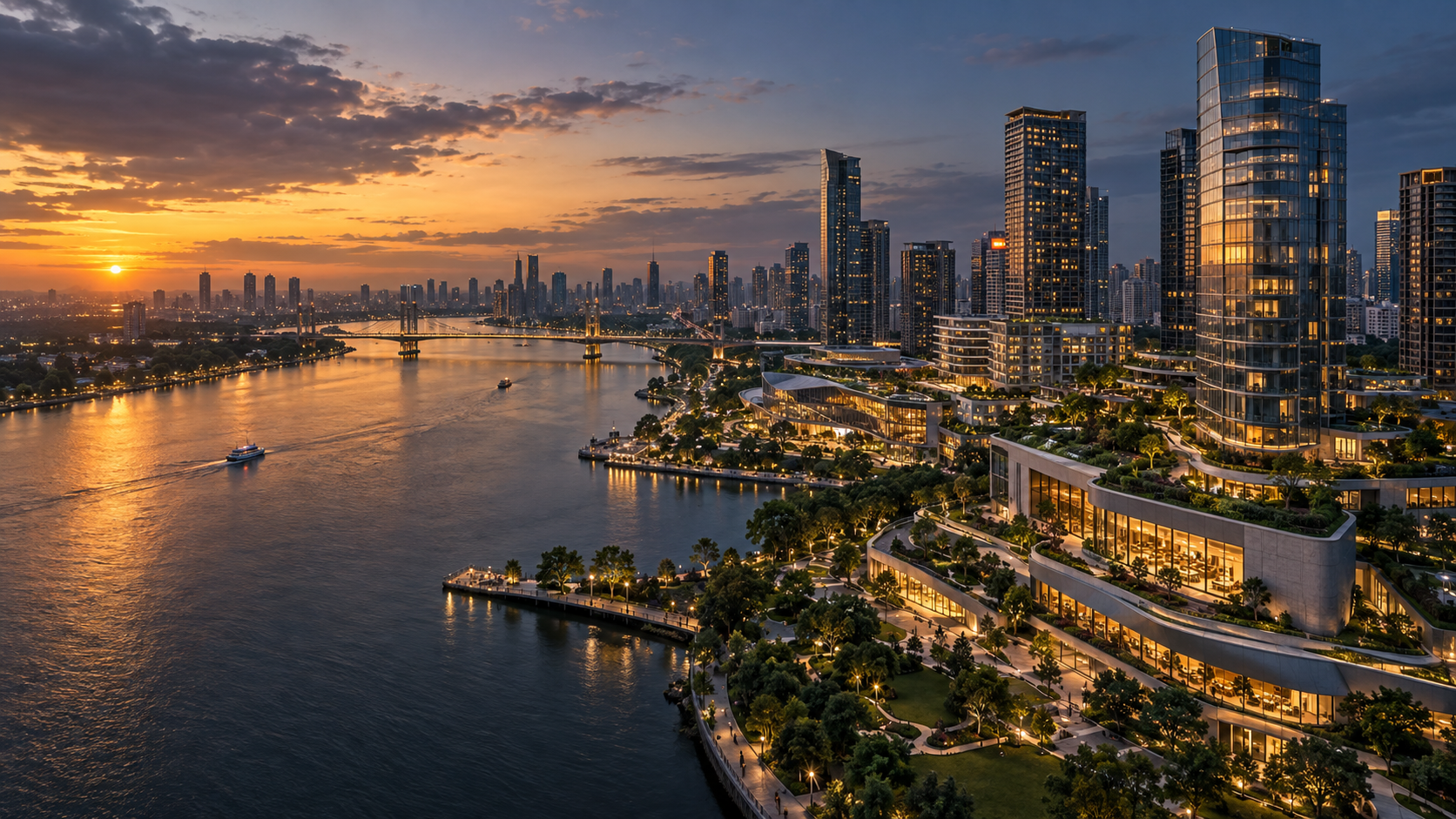 Aerial view of a modern riverfront city